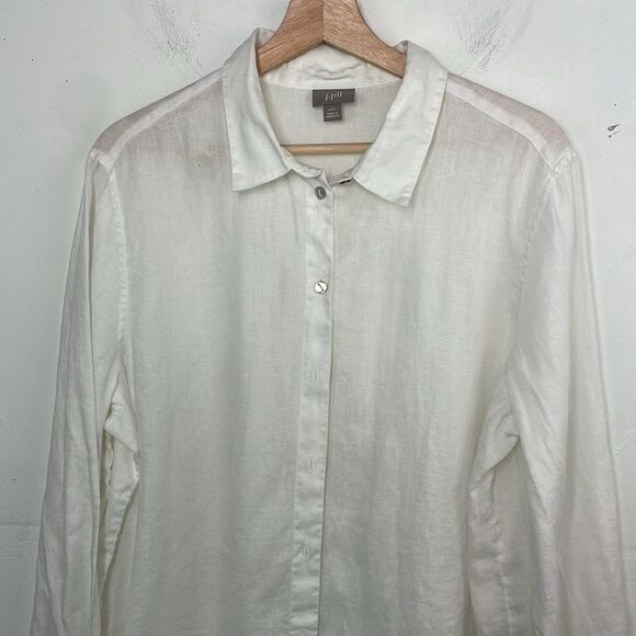 J. Jill Linen White Long Sleeve Blouse front Button Up size Large Petite - Picture 2 of 9